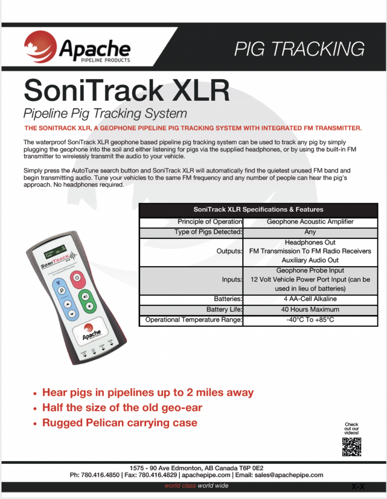 SoniTrackXLR Spec Sheet for Apache Pipeline Products